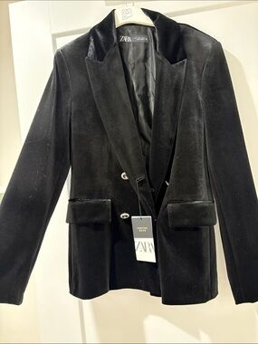 ZARA Black Velvet Double-Breasted Blazer with rhinestone buttons